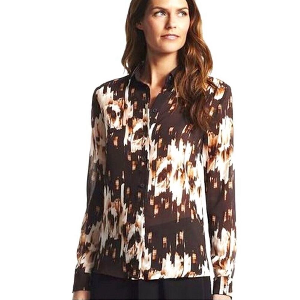 ✨ Derek Lam Abstract Print Sheer Button Up Blouse Brown Tan Women’s Small